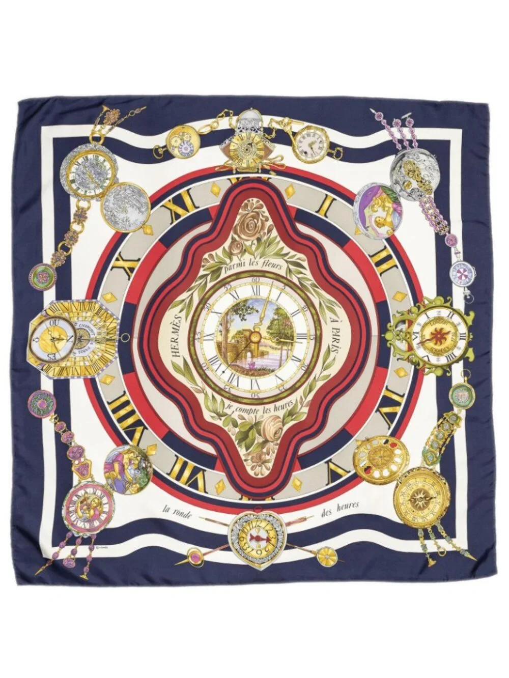 Hermes Scarf Navy Red 100% Gold Twill Silk